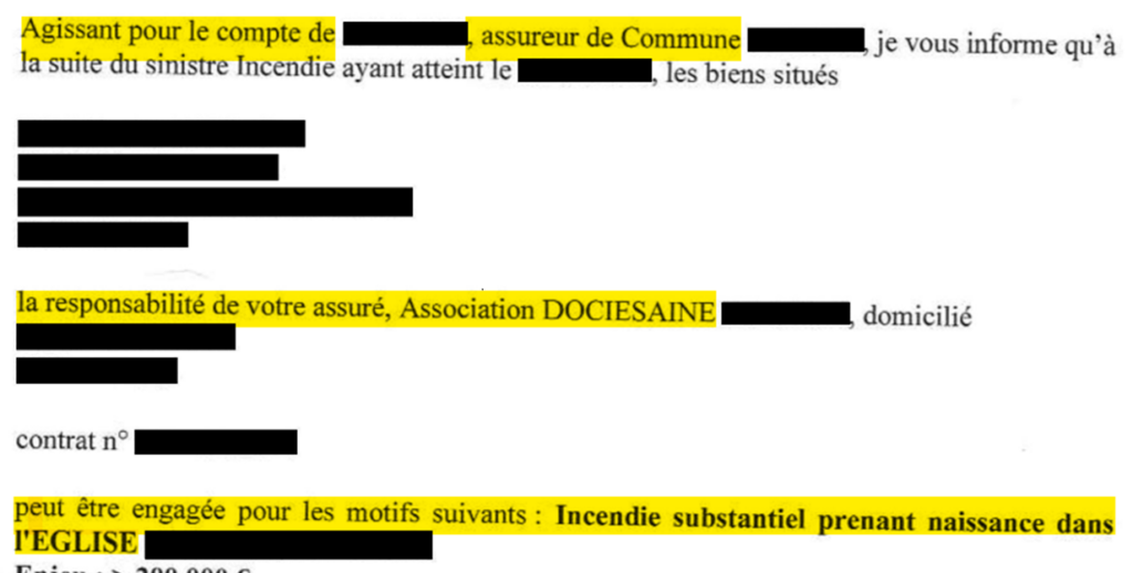 Exemple de mise en cause pour un incendie dans une église communale